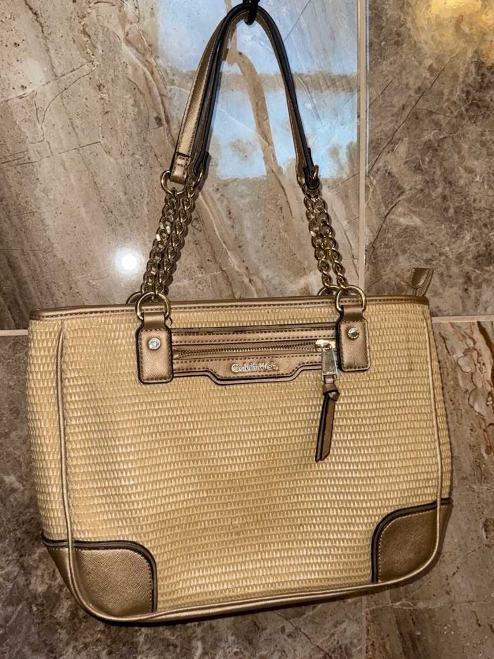 Calvin Klein Metallic Gold Woven Tote with Chain Handles